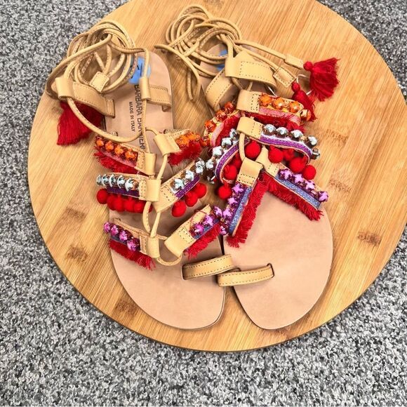 Sz 7.5 Barbara Barbieri Leather Lace Up Tassel Studded Pom Pom Strappy Sandals - Picture 4 of 13